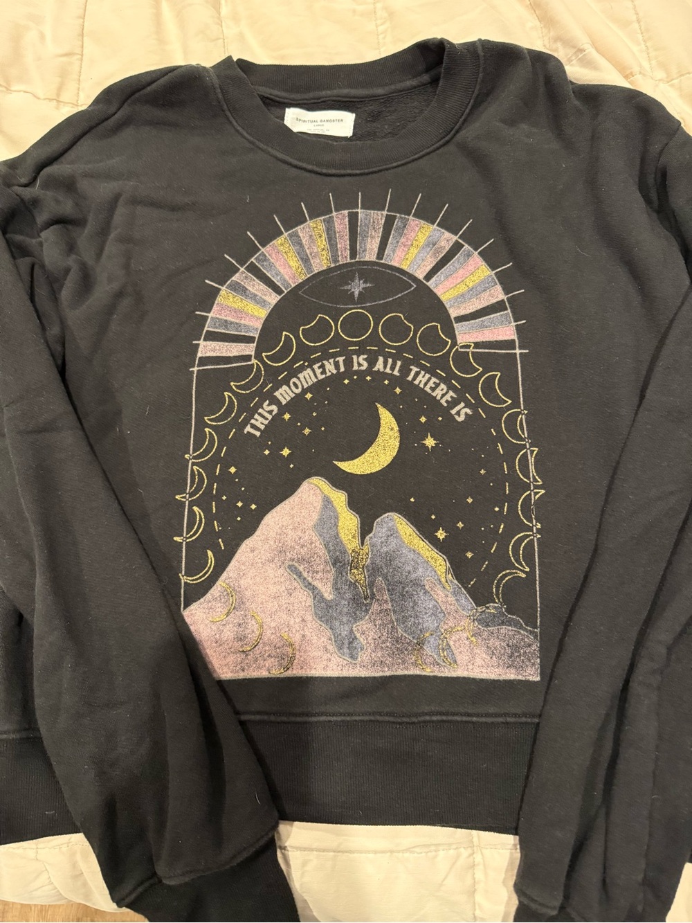 Spiritual Gangster Black Crewneck with Moon, Mountain & Rainbow Graphic